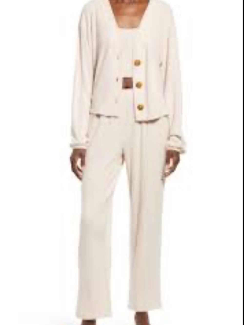 Soft Cream Women's Pajama 3 Piece Set with Button Cardigan Sz S